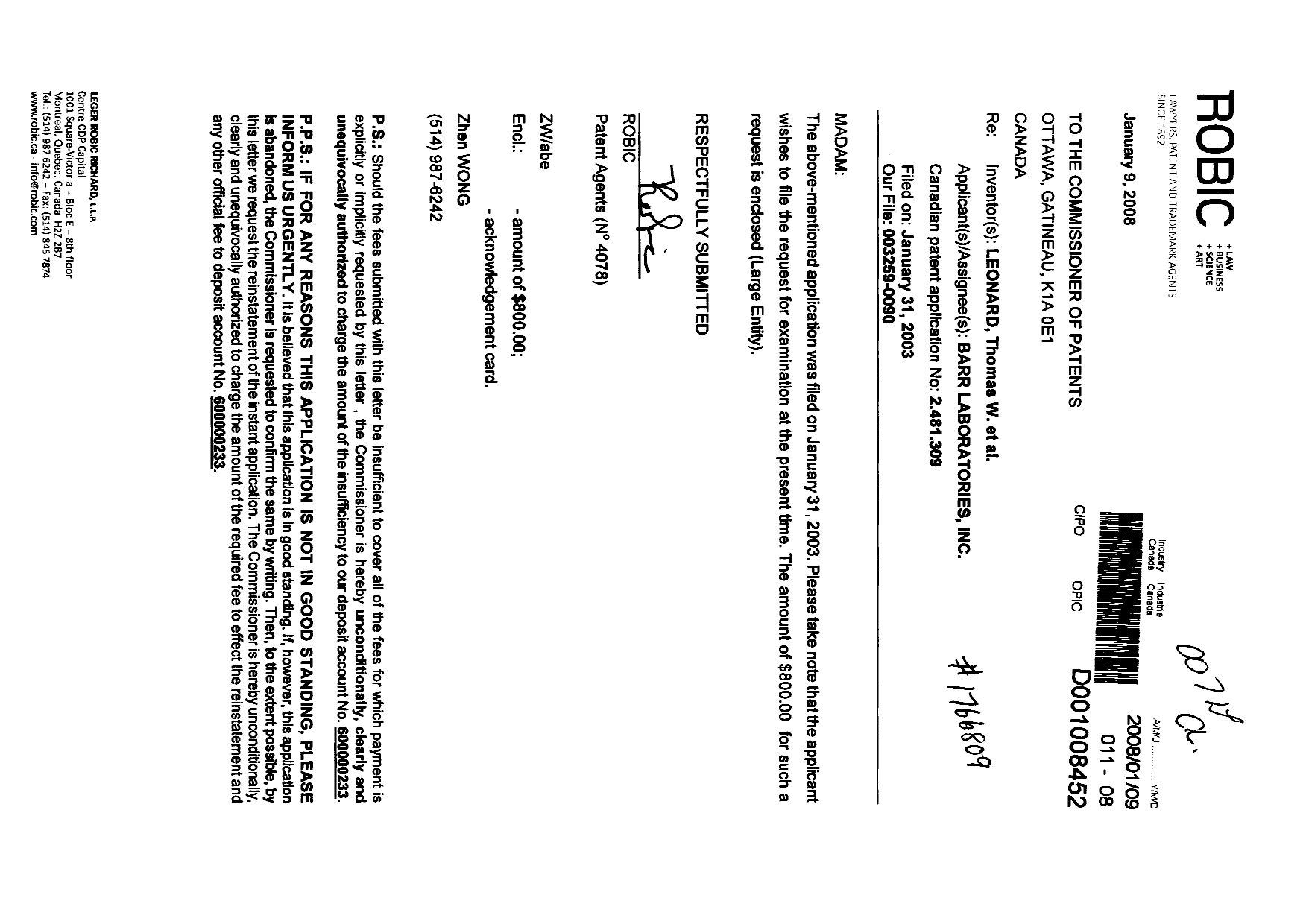 Canadian Patent Document 2481309. Prosecution-Amendment 20080109. Image 1 of 1