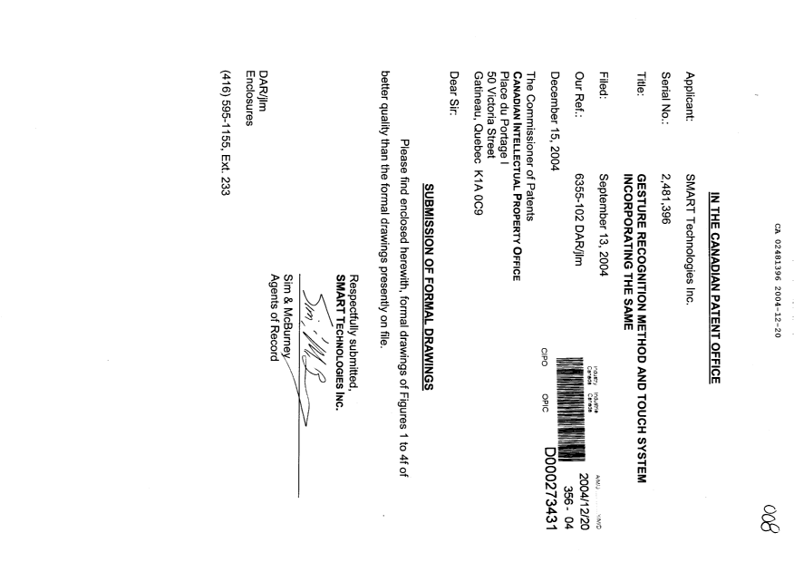 Canadian Patent Document 2481396. Prosecution-Amendment 20041220. Image 1 of 4
