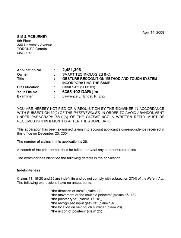 Document de brevet canadien 2481396. Poursuite-Amendment 20080414. Image 1 de 2