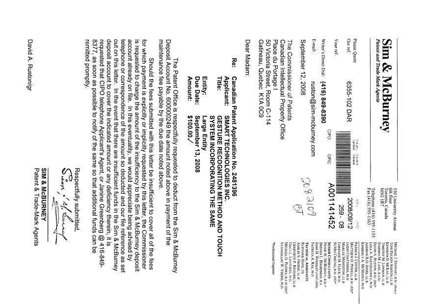 Canadian Patent Document 2481396. Fees 20080912. Image 1 of 1