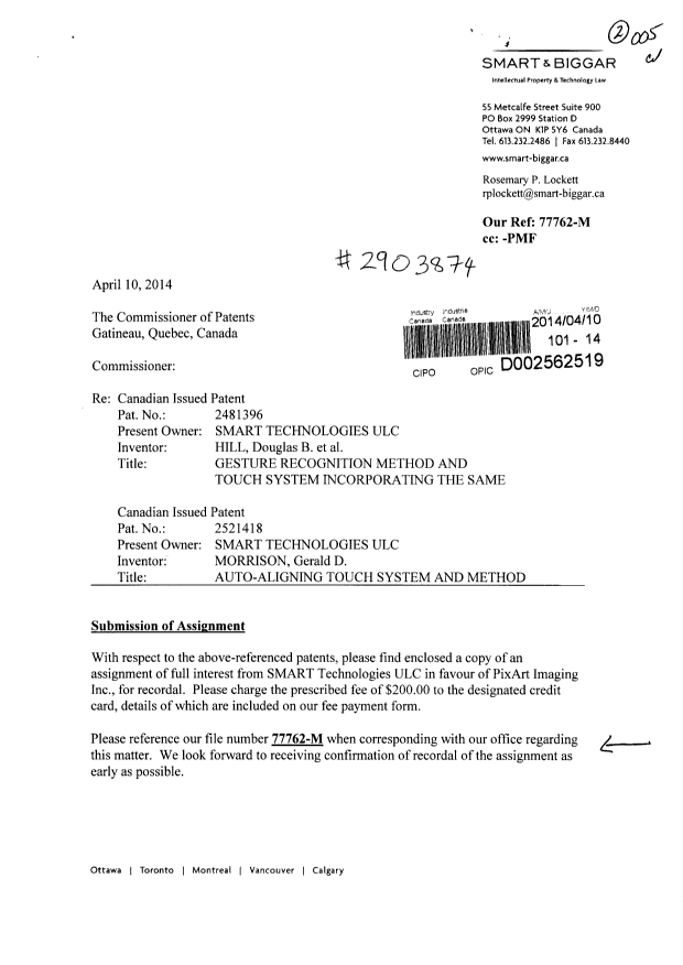 Document de brevet canadien 2481396. Correspondance 20140410. Image 1 de 4