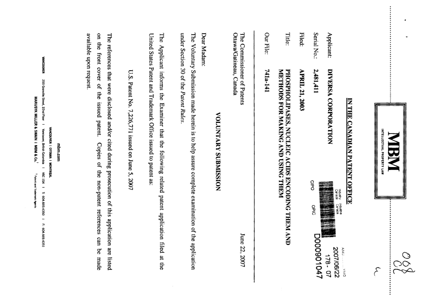 Document de brevet canadien 2481411. Poursuite-Amendment 20070622. Image 1 de 2