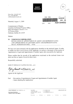 Document de brevet canadien 2481411. Correspondance 20090811. Image 1 de 4