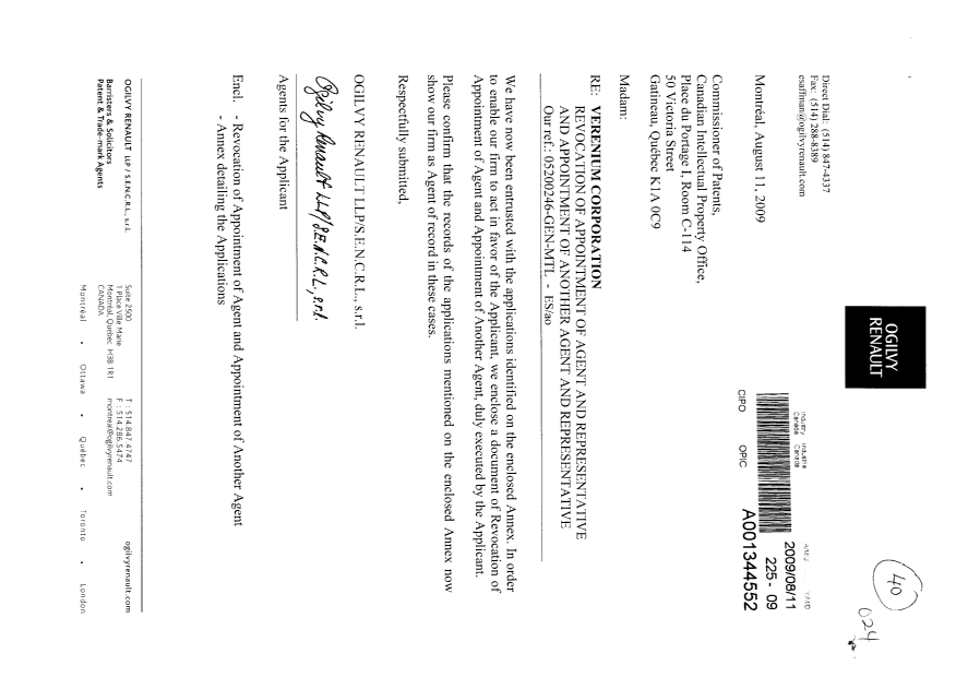Document de brevet canadien 2481411. Correspondance 20090811. Image 1 de 4