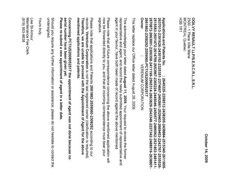 Document de brevet canadien 2481411. Correspondance 20091014. Image 1 de 2