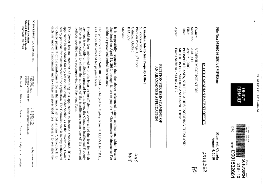 Document de brevet canadien 2481411. Taxes 20100804. Image 1 de 2