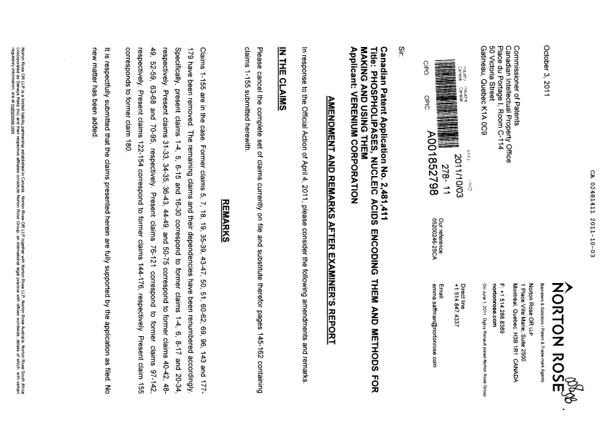 Document de brevet canadien 2481411. Poursuite-Amendment 20111003. Image 1 de 22