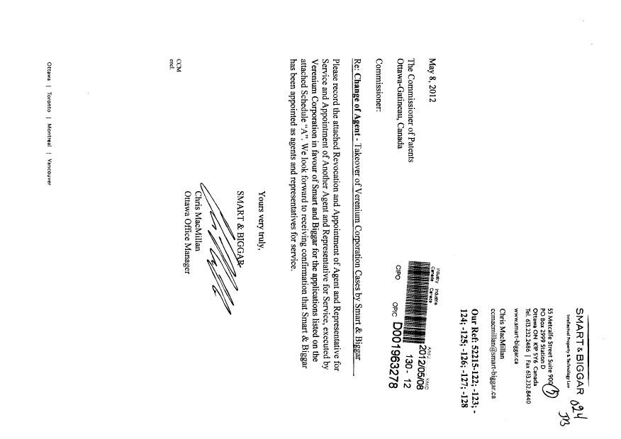Document de brevet canadien 2481411. Correspondance 20120508. Image 1 de 4