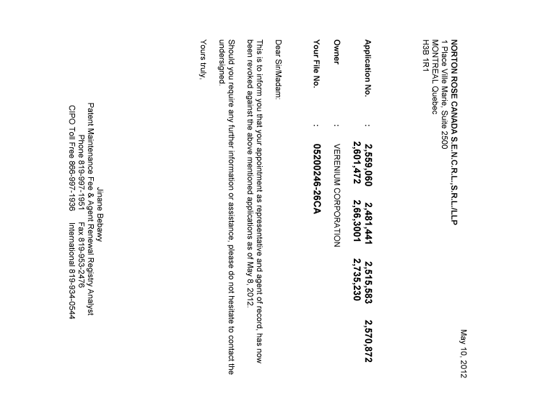 Document de brevet canadien 2481411. Correspondance 20120510. Image 1 de 1