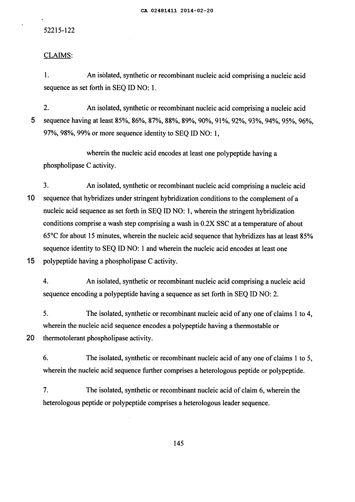Document de brevet canadien 2481411. Revendications 20140220. Image 1 de 19
