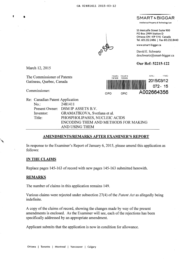 Canadian Patent Document 2481411. Prosecution-Amendment 20150312. Image 1 of 40