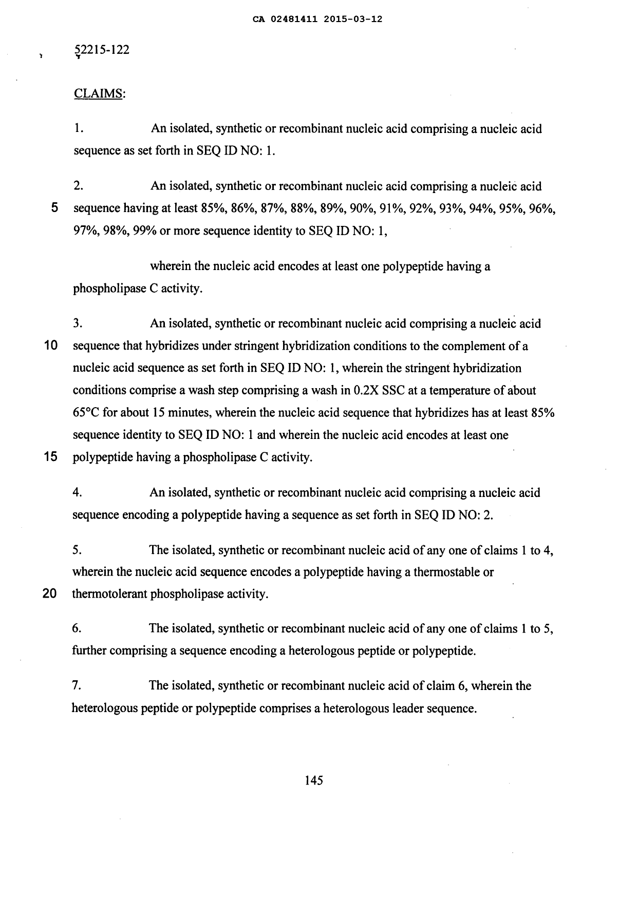 Document de brevet canadien 2481411. Revendications 20150312. Image 1 de 19