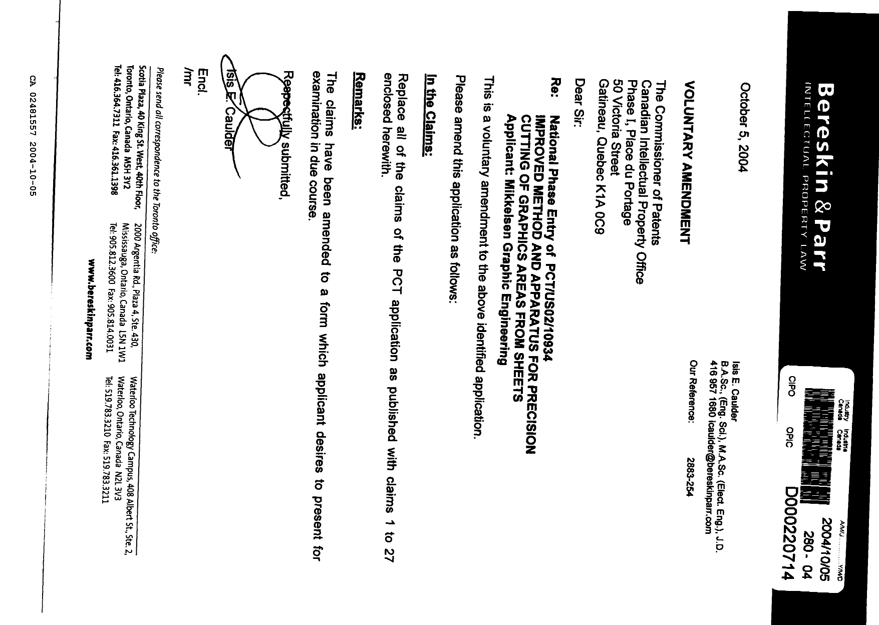 Canadian Patent Document 2481557. Prosecution-Amendment 20041005. Image 1 of 8