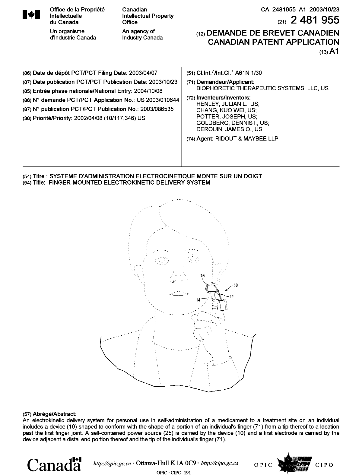 Document de brevet canadien 2481955. Page couverture 20041216. Image 1 de 1