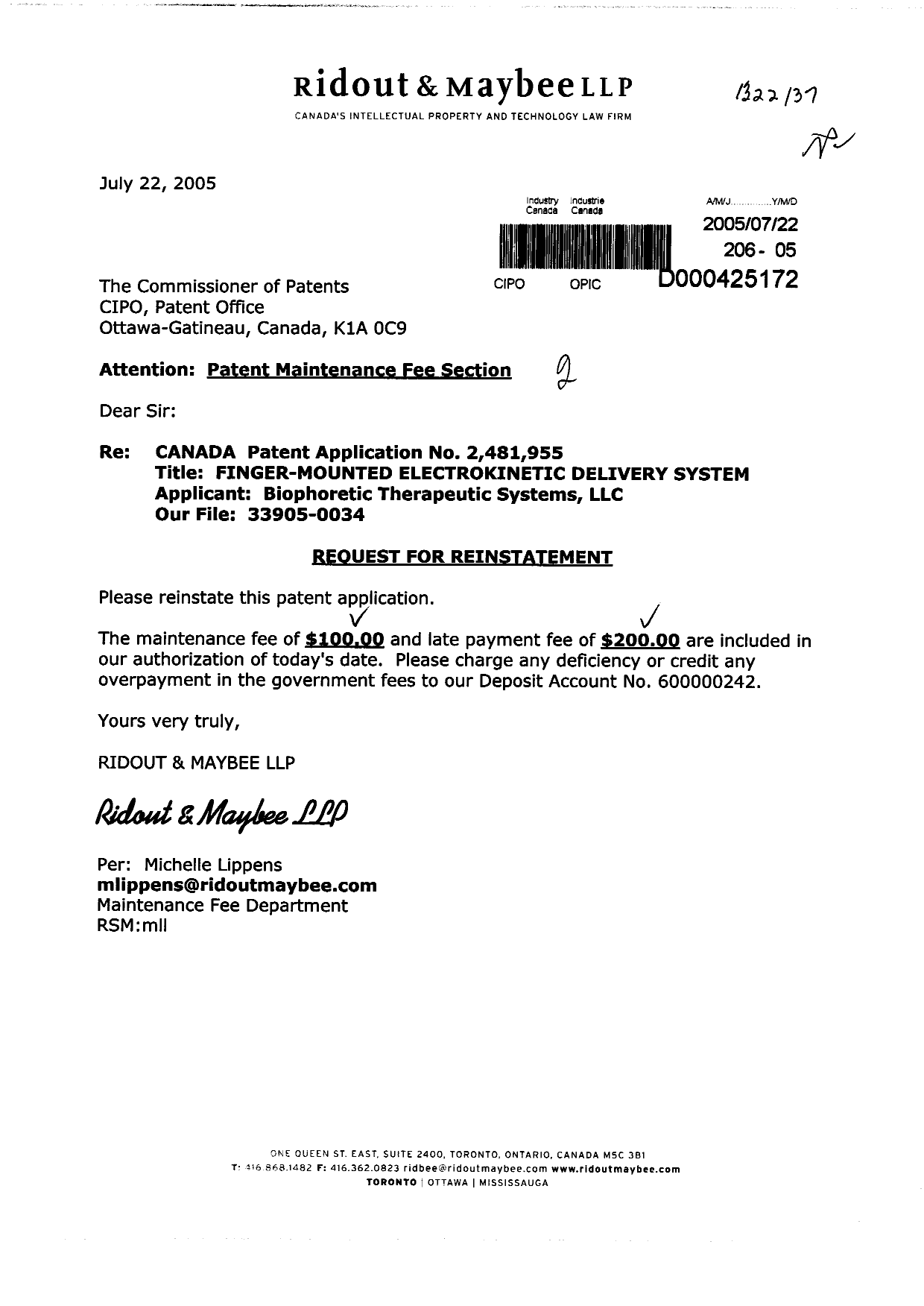 Document de brevet canadien 2481955. Taxes 20050722. Image 1 de 1
