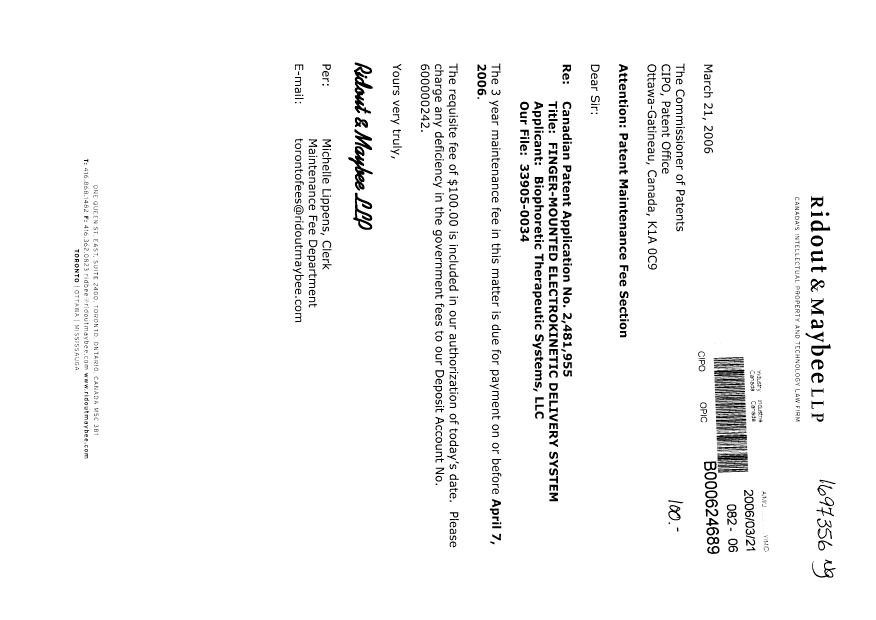 Document de brevet canadien 2481955. Taxes 20060321. Image 1 de 1