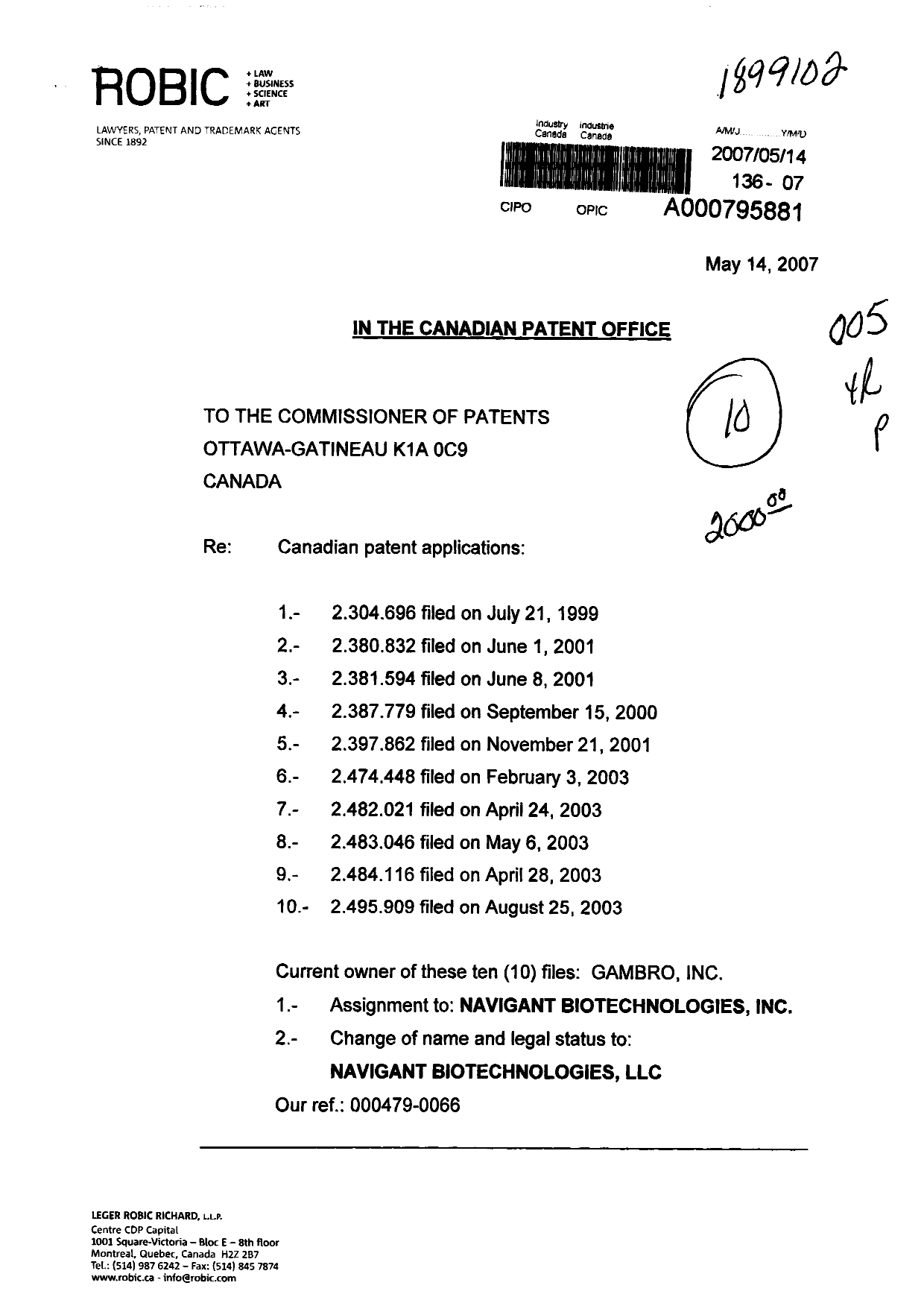 Document de brevet canadien 2482021. Cession 20070514. Image 1 de 6