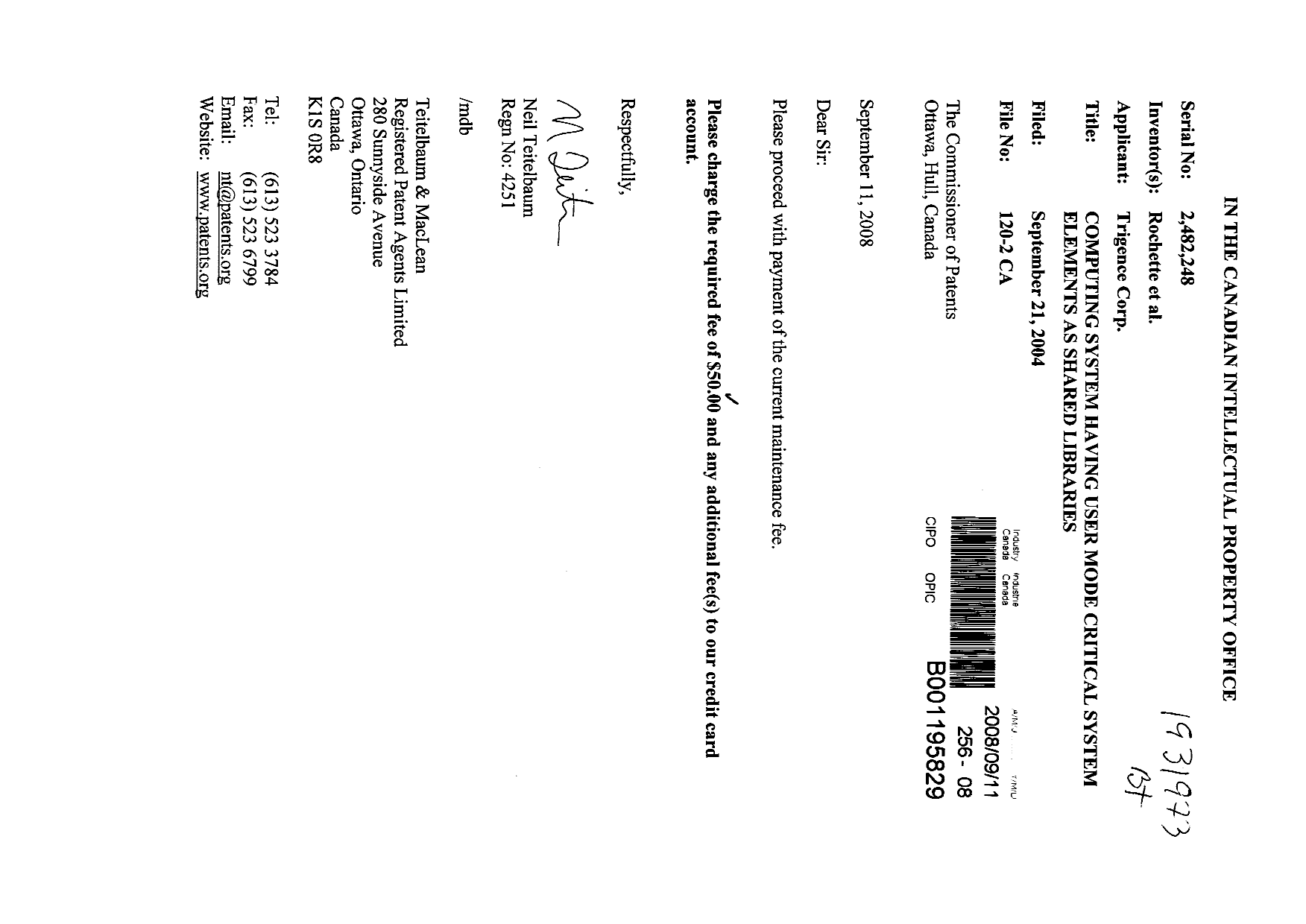 Document de brevet canadien 2482248. Taxes 20071211. Image 1 de 1