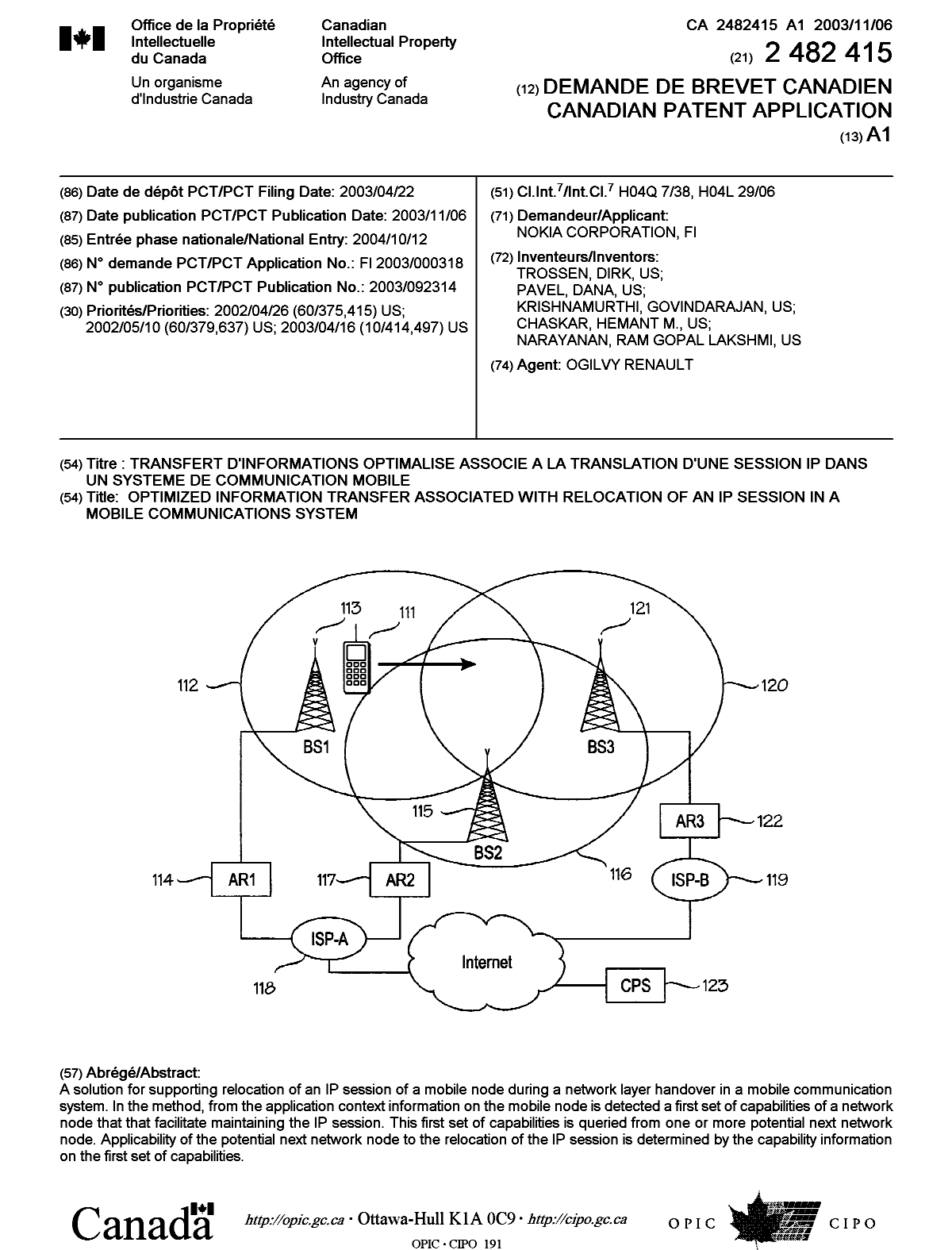 Document de brevet canadien 2482415. Page couverture 20041220. Image 1 de 1