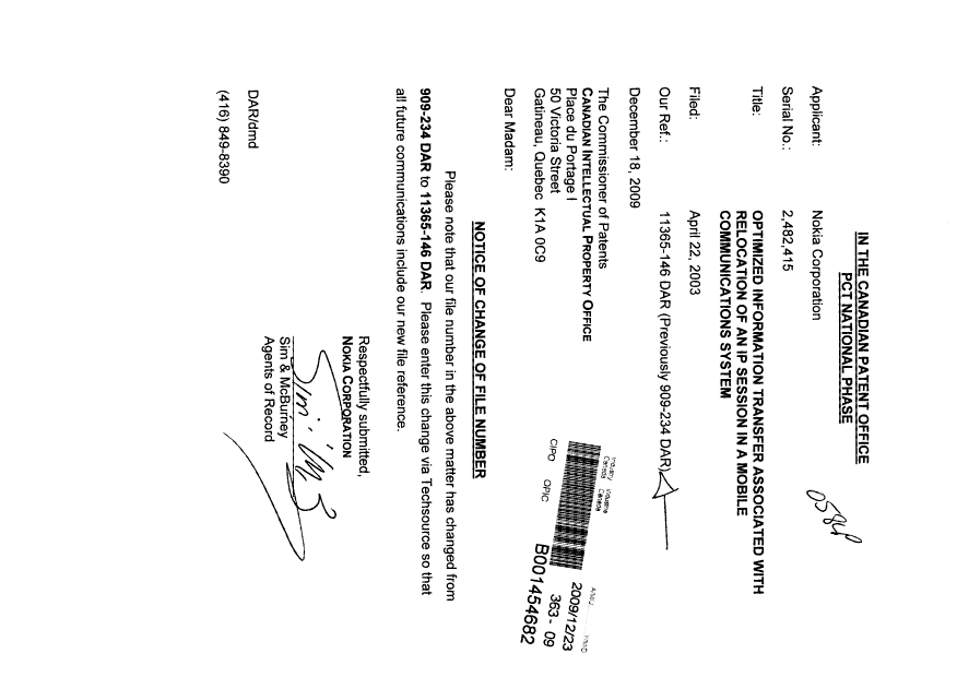 Document de brevet canadien 2482415. Correspondance 20091223. Image 1 de 1