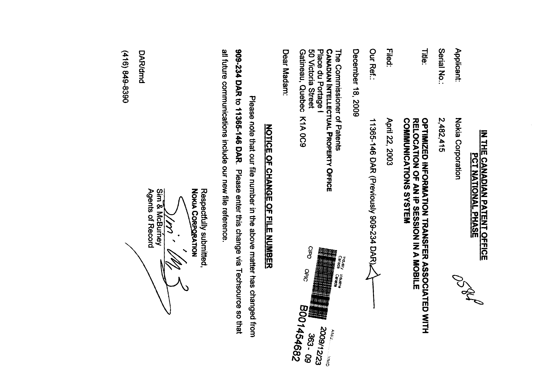 Canadian Patent Document 2482415. Correspondence 20091223. Image 1 of 1