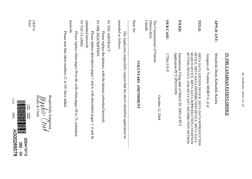 Document de brevet canadien 2482431. Poursuite-Amendment 20041012. Image 1 de 20
