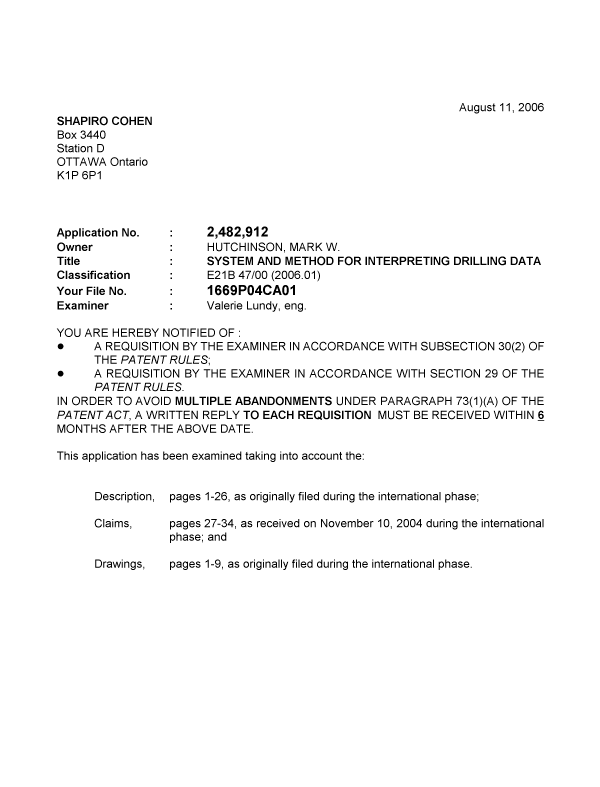 Canadian Patent Document 2482912. Prosecution-Amendment 20060811. Image 1 of 4