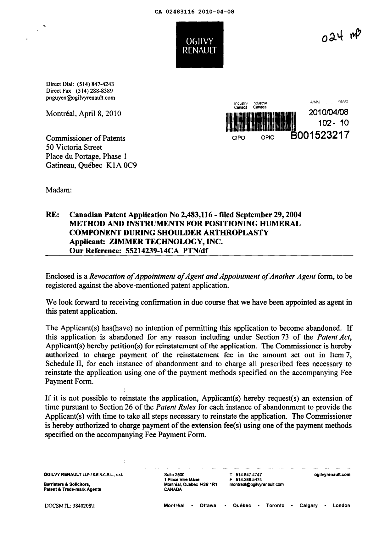 Canadian Patent Document 2483116. Correspondence 20100408. Image 1 of 3