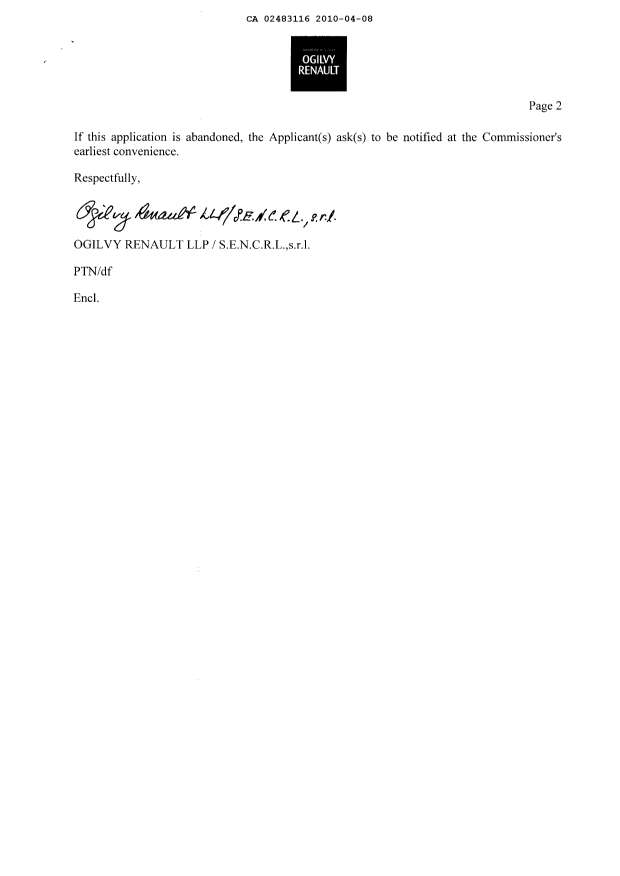 Document de brevet canadien 2483116. Correspondance 20100408. Image 2 de 3