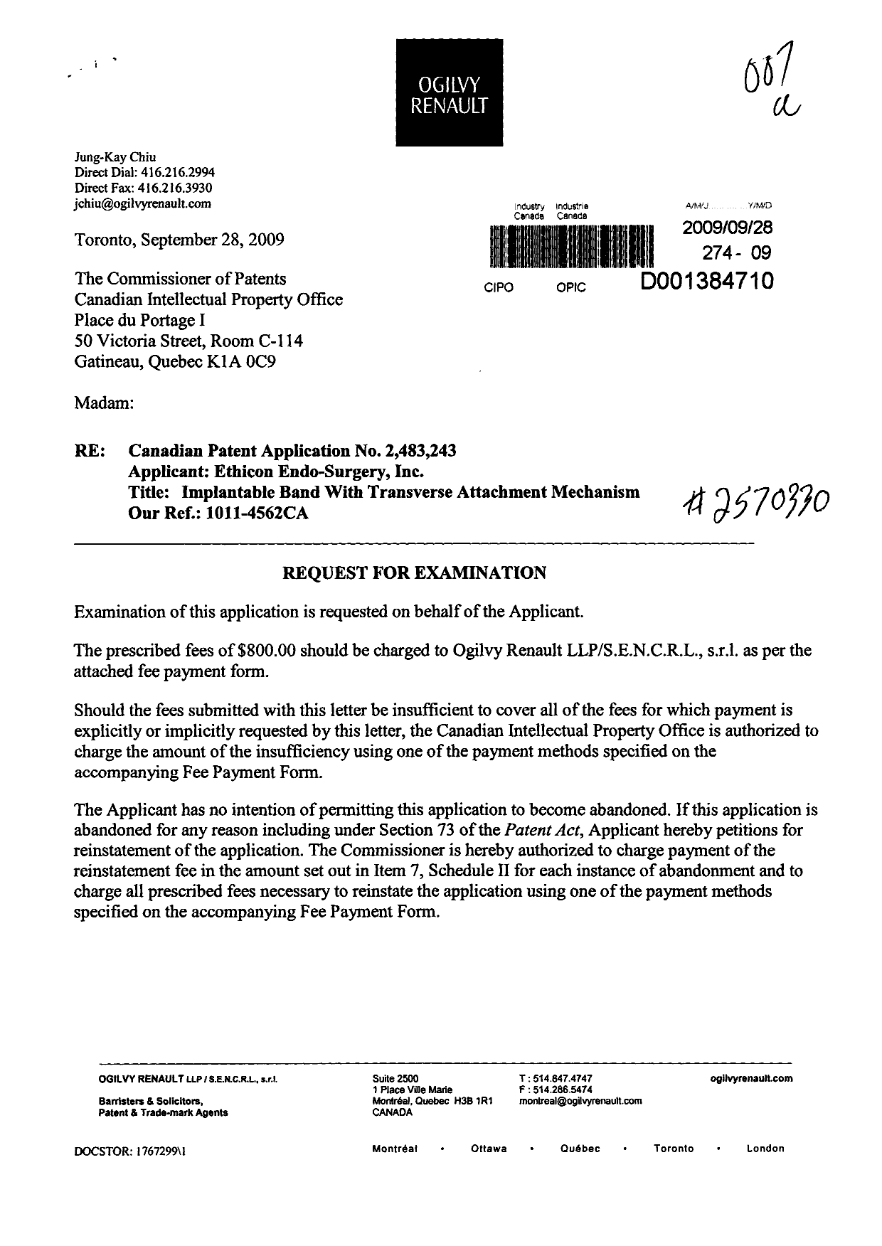 Document de brevet canadien 2483243. Poursuite-Amendment 20090928. Image 1 de 2