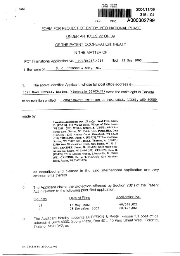 Document de brevet canadien 2483684. Cession 20041109. Image 2 de 3
