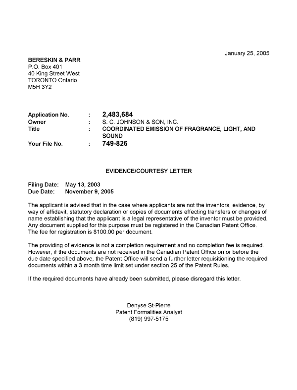 Document de brevet canadien 2483684. Correspondance 20050119. Image 1 de 1