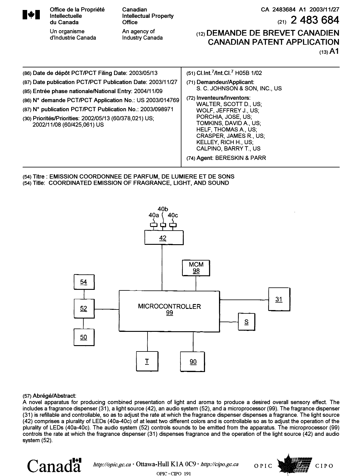 Document de brevet canadien 2483684. Page couverture 20050124. Image 1 de 1