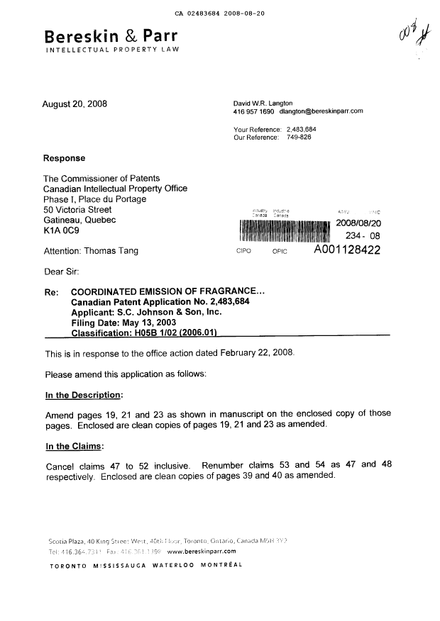Document de brevet canadien 2483684. Poursuite-Amendment 20080820. Image 1 de 10