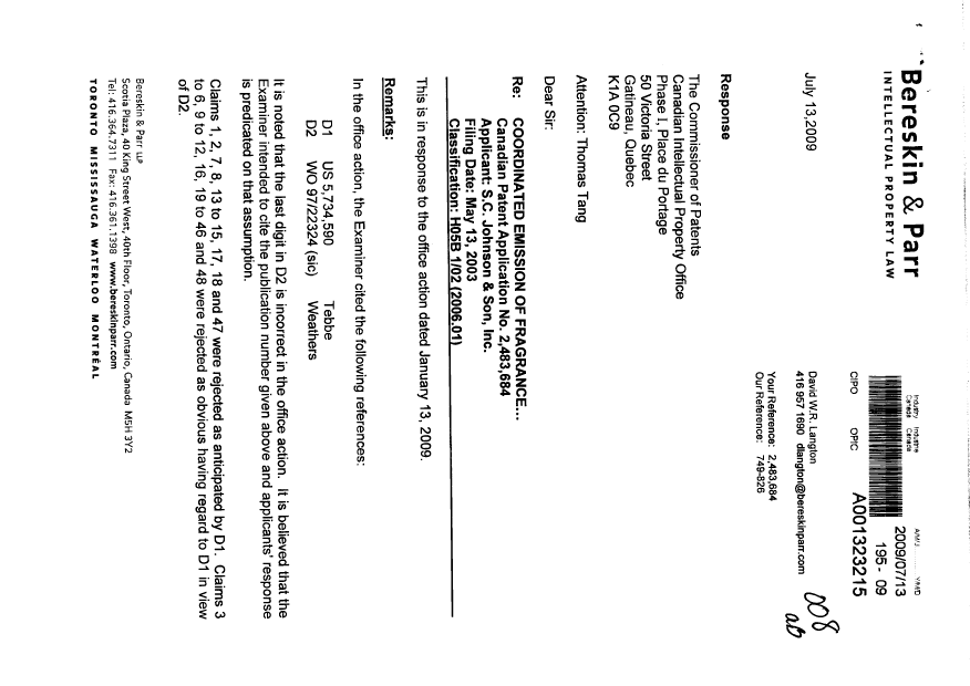Document de brevet canadien 2483684. Poursuite-Amendment 20090713. Image 1 de 2