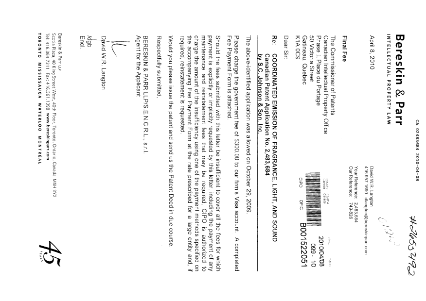 Document de brevet canadien 2483684. Correspondance 20100408. Image 1 de 1