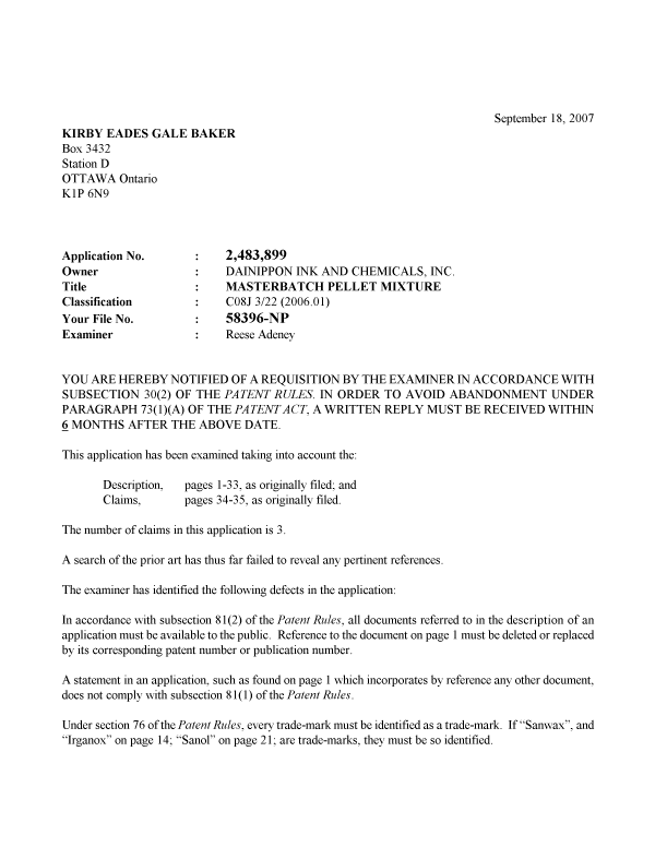 Canadian Patent Document 2483899. Prosecution-Amendment 20070918. Image 1 of 2