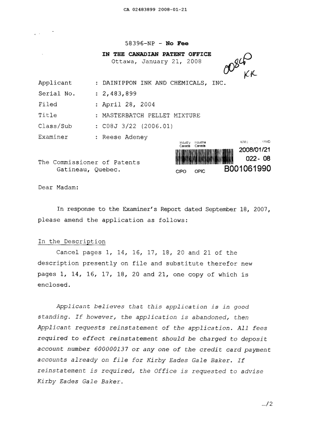 Canadian Patent Document 2483899. Prosecution-Amendment 20080121. Image 1 of 9