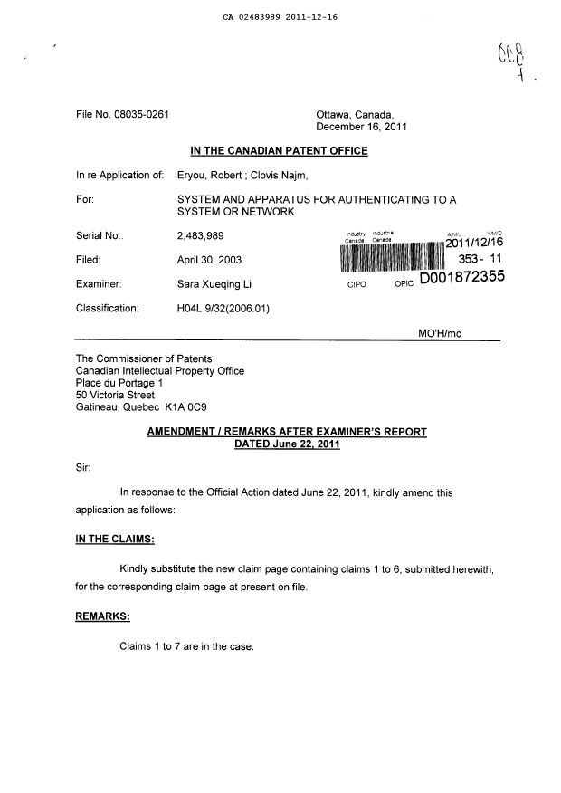 Document de brevet canadien 2483989. Poursuite-Amendment 20111216. Image 1 de 3