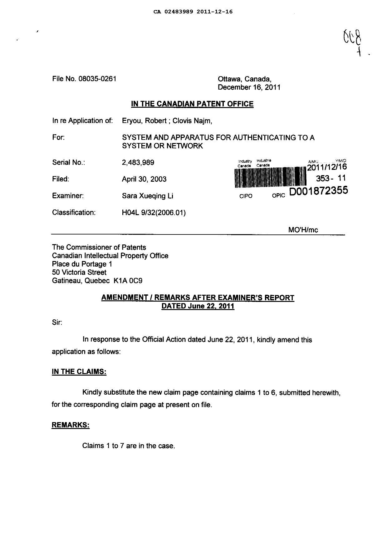 Document de brevet canadien 2483989. Poursuite-Amendment 20111216. Image 1 de 3