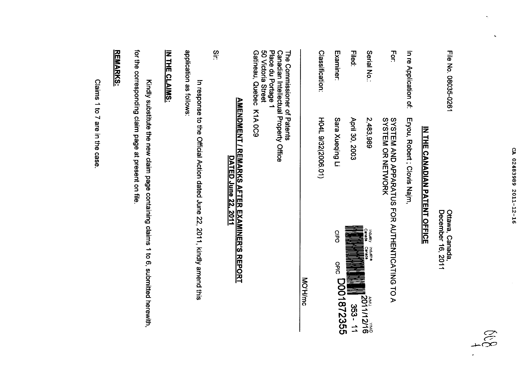 Canadian Patent Document 2483989. Prosecution-Amendment 20111216. Image 1 of 3