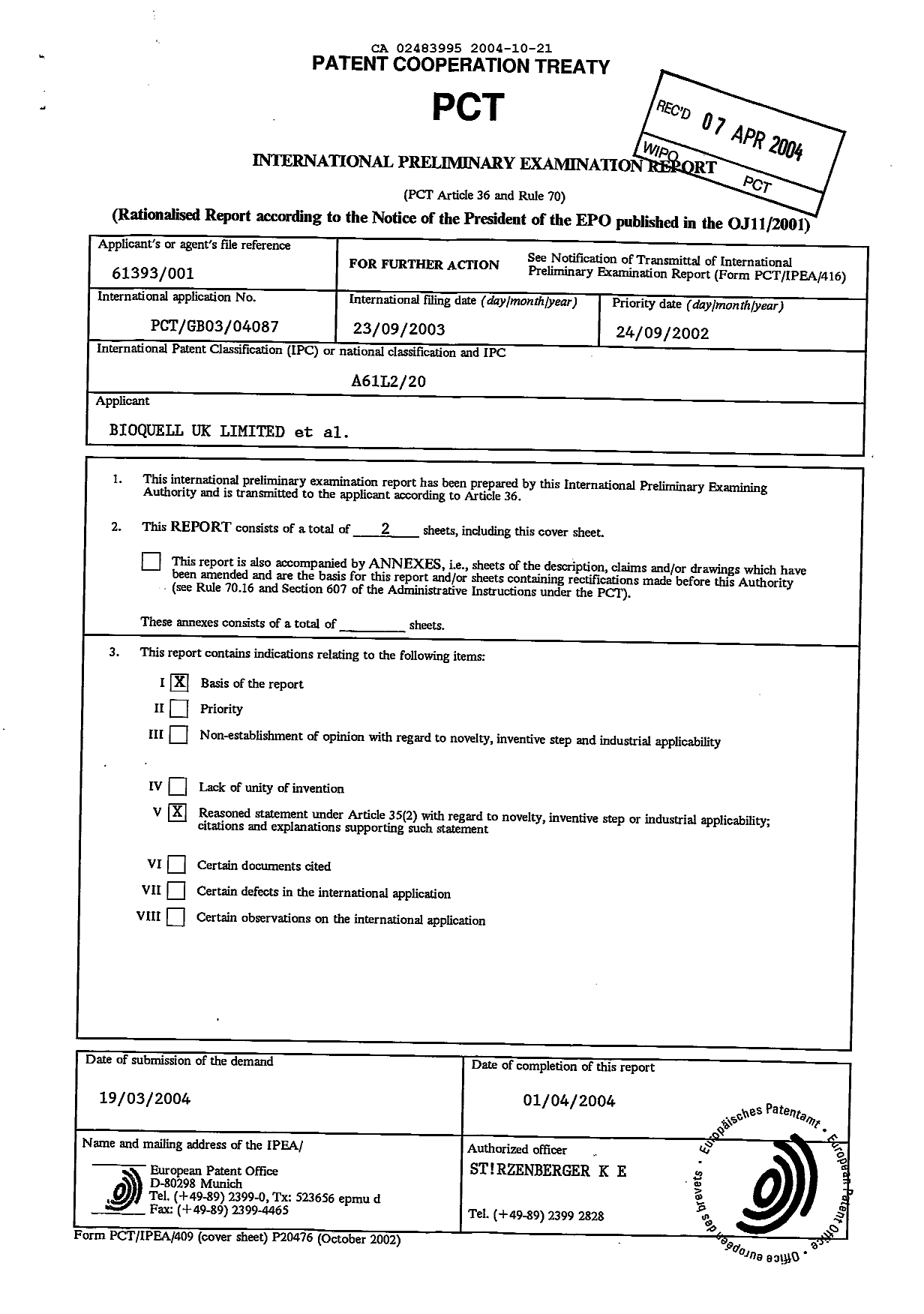 Document de brevet canadien 2483995. PCT 20031221. Image 2 de 5