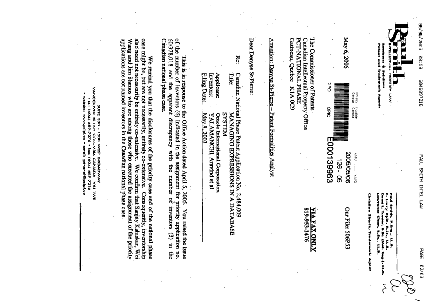 Document de brevet canadien 2484009. Correspondance 20050506. Image 1 de 2