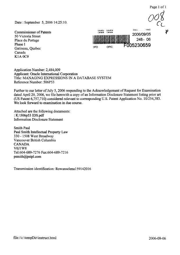 Canadian Patent Document 2484009. Prosecution-Amendment 20060828. Image 1 of 1