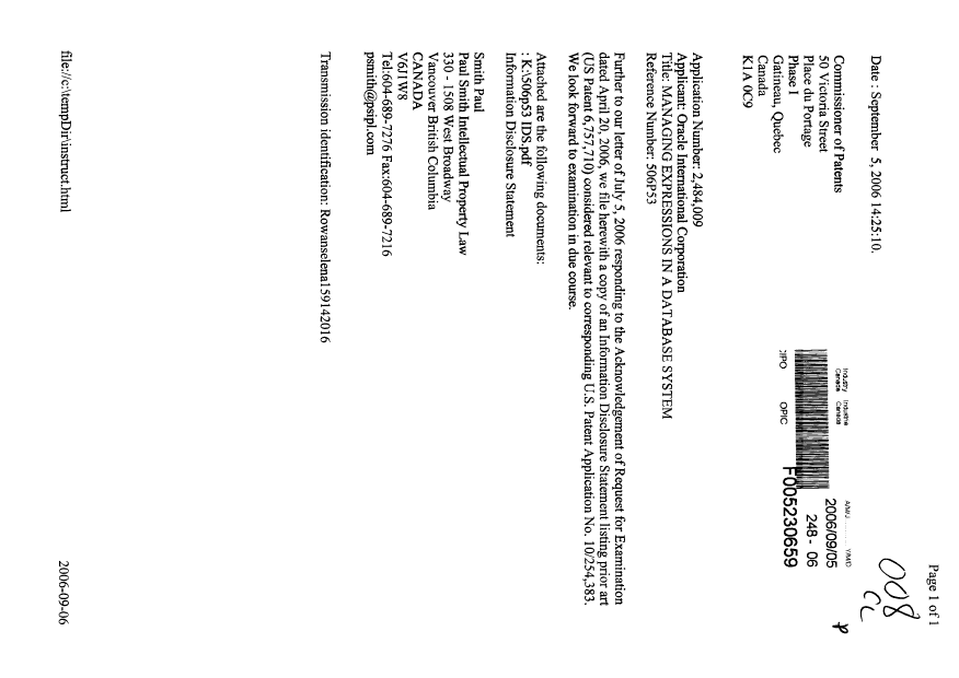 Document de brevet canadien 2484009. Poursuite-Amendment 20060828. Image 1 de 1