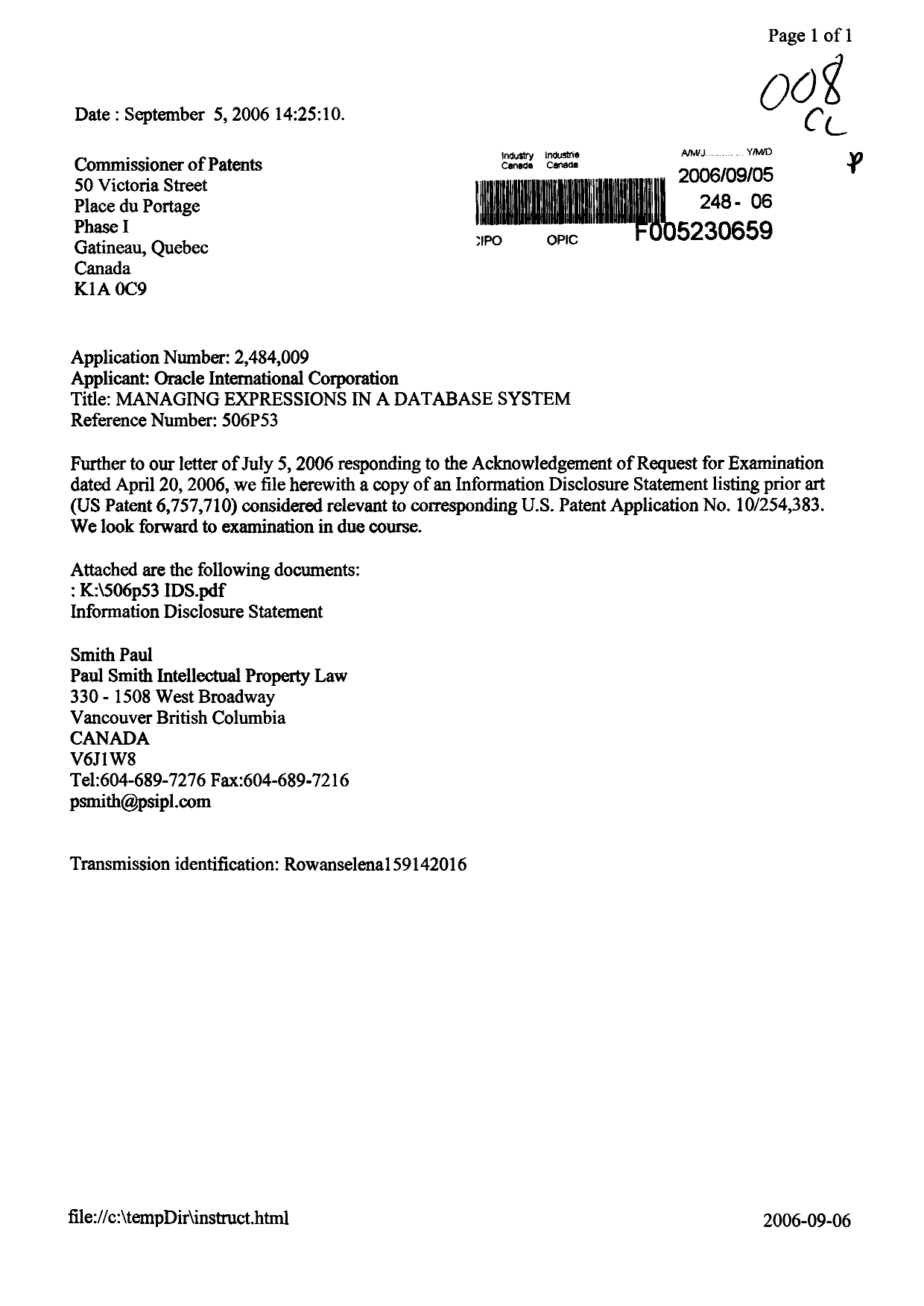 Document de brevet canadien 2484009. Poursuite-Amendment 20060828. Image 1 de 1