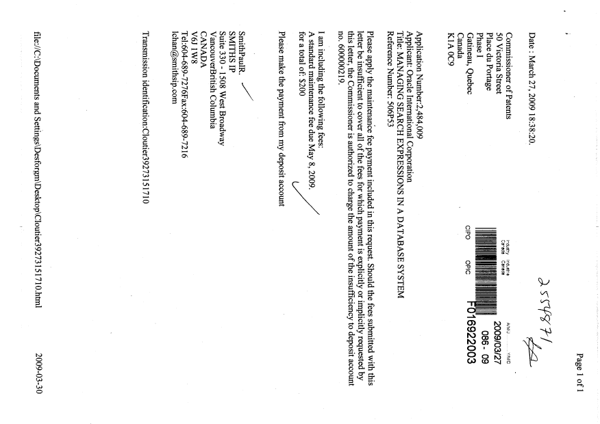 Document de brevet canadien 2484009. Taxes 20090327. Image 1 de 1