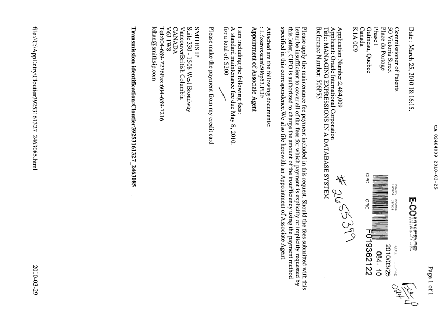 Document de brevet canadien 2484009. Correspondance 20100325. Image 1 de 2