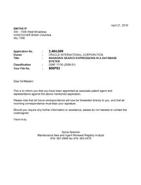 Document de brevet canadien 2484009. Correspondance 20100421. Image 1 de 1
