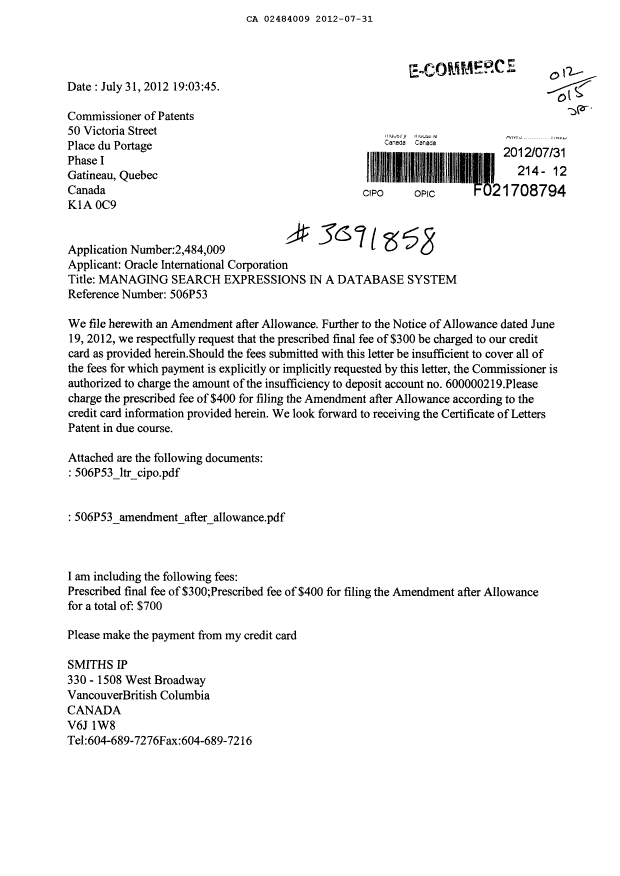 Document de brevet canadien 2484009. Correspondance 20120731. Image 1 de 2
